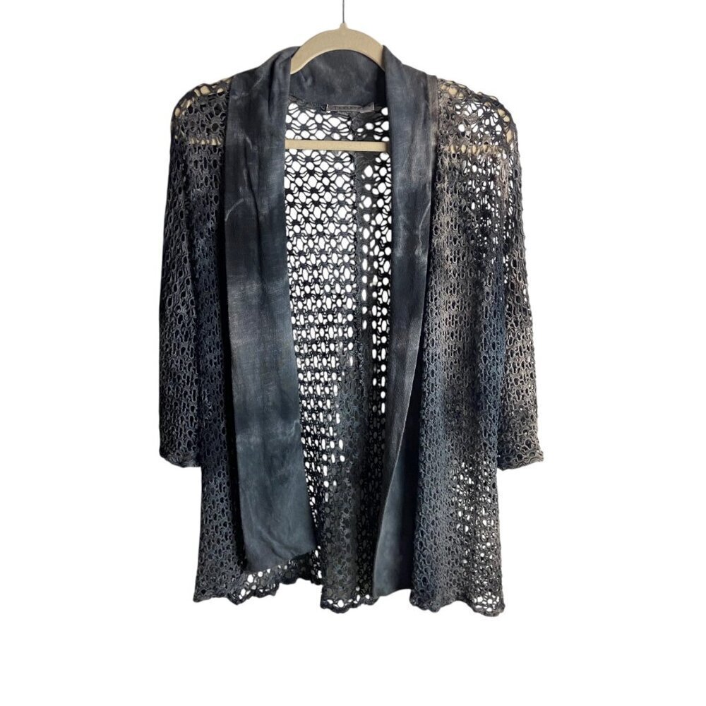 T Party Fashion Charcoal Open Crochet Cardigan with Satin Trim